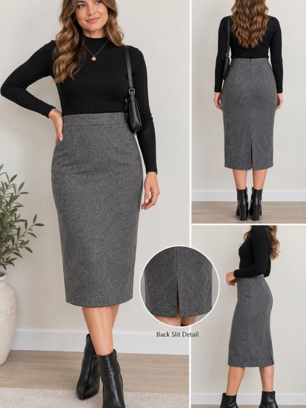 Savannah Gray Wool Blend Pencil Skirt with Back Slit